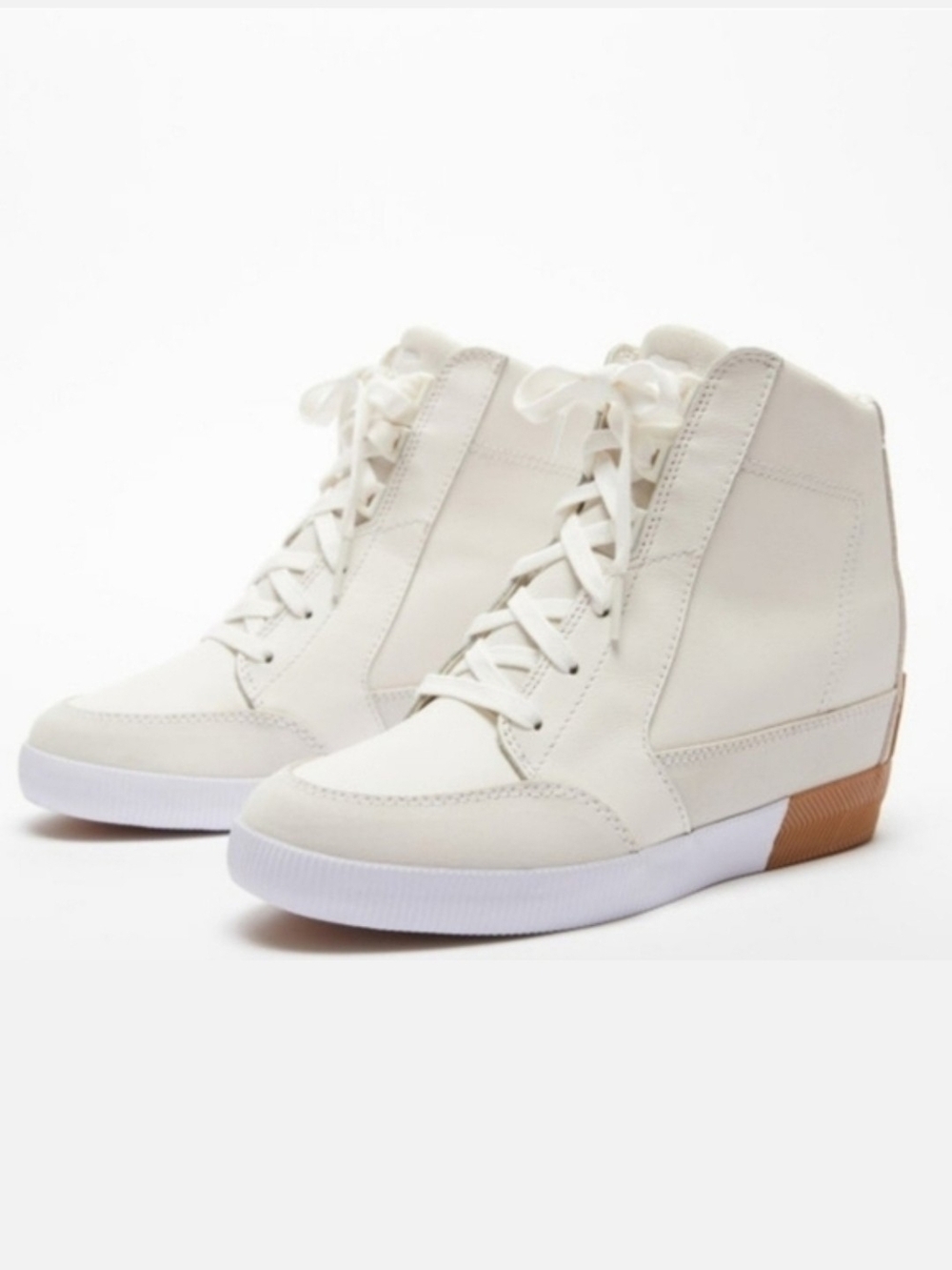 Sorel Out N About Wedge Sneakers In Sea Salt Gum Off White Gray Leather and Sued